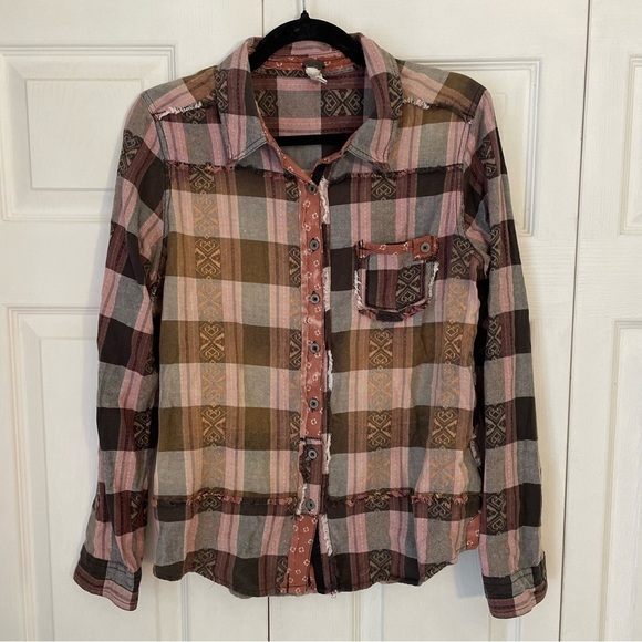 Free People Patchwork Plaid Button Down Long Sleeve Top Medium - Picture 7 of 7